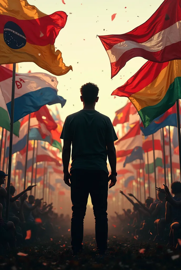 Silhouette of a person with flags of different countries.