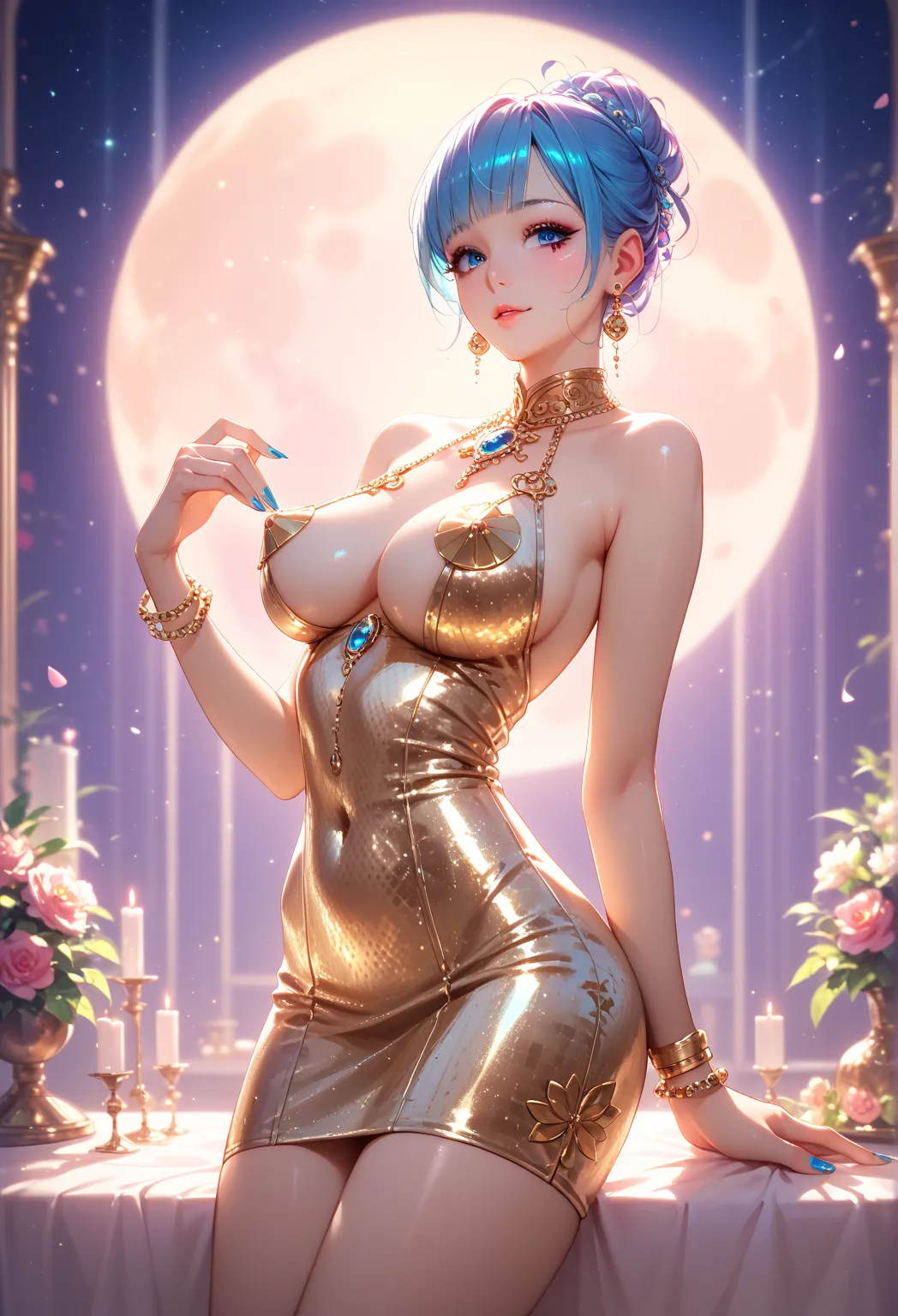  big breasts,  Nipple cover ,  mini dress,  beautiful girl ,  comfort light , shine,  gorgeous , complex drawing , warm colors, Moon Room ,  Comfortable blue , dark color , small details,    lots of intricate details    ,   dot bracelet  ,  gold pattern , ...