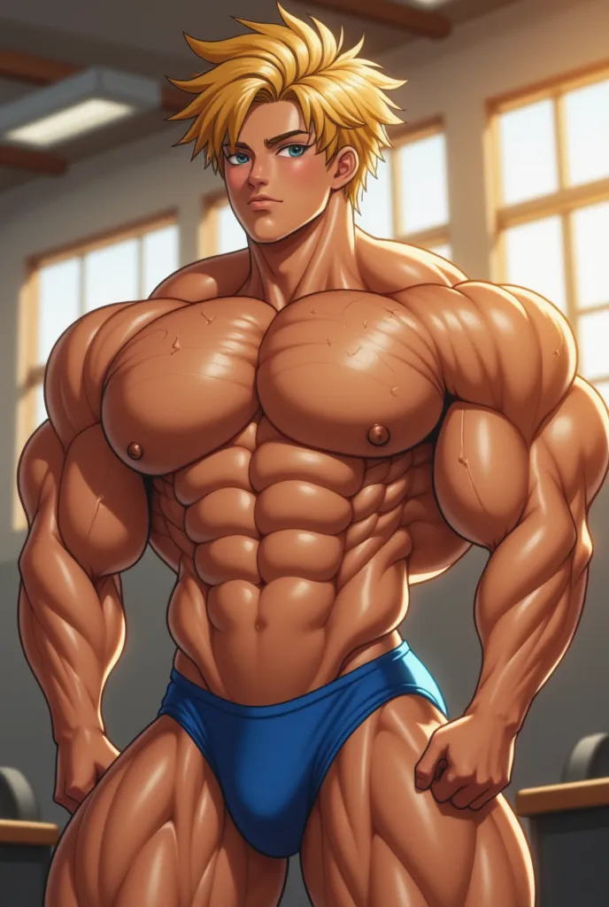 18 years old IFBB bodybuilder guy posing in his class, high school student, late afternoon, blue posing speedo, blonde hair, he is student, guy, illustration, 
Solo, 