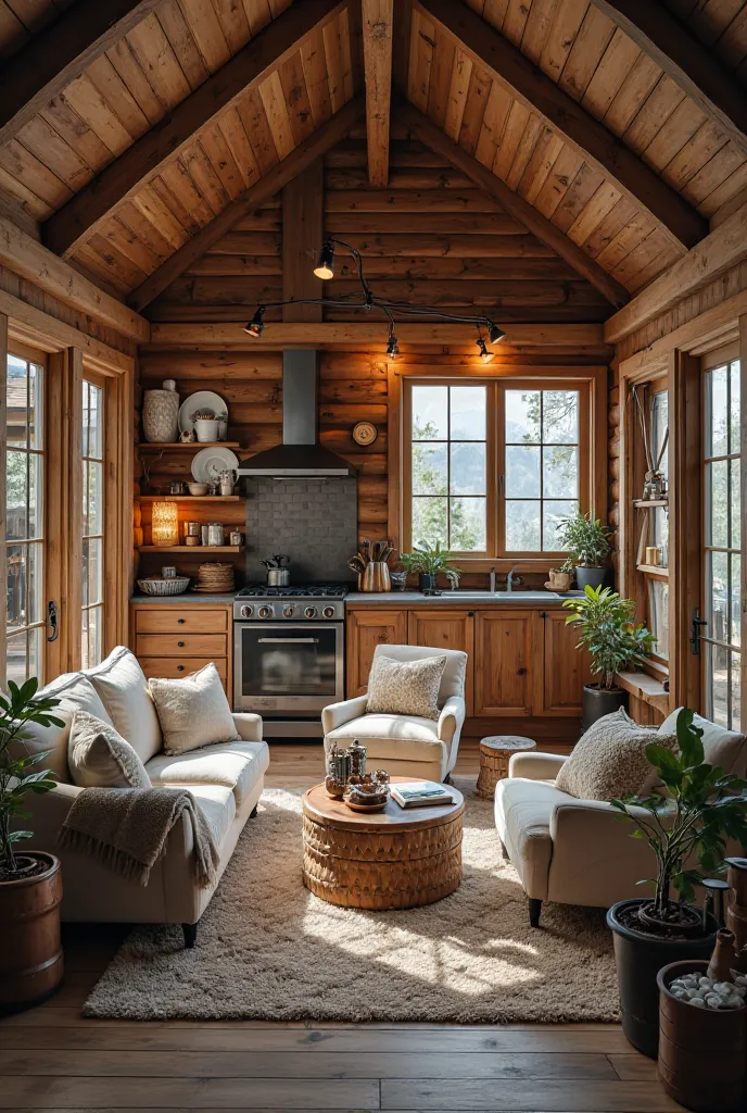 rustic cabin , with studios with a small division that separates the kitchen from the living room,  a bathroom ,  a kitchen , a large sofa, two armchairs, a table with chairs 