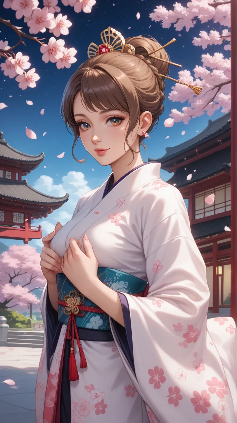 This anime-style illustration shows a young woman in an ivory-colored kimono gazing at cherry blossoms in full bloom. The kimono is modestly embroidered with elegant flowers and butterflies. Her hair is neatly pulled back in a simple updo, giving her a cal...