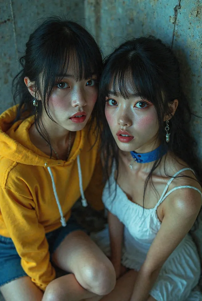 pretty dark eye makeup, sharp fangs,Stretching Nails,brainwashed and controlled,two girls,Flashman Sarah,Lou,yellow hoodie,Yellow Mini Pleated Skirt,White half boots,Black Medium Hair,Japanese Beauty,Skinny,Blue clothes,white mini ,4K,8k,High Resolution,Ma...