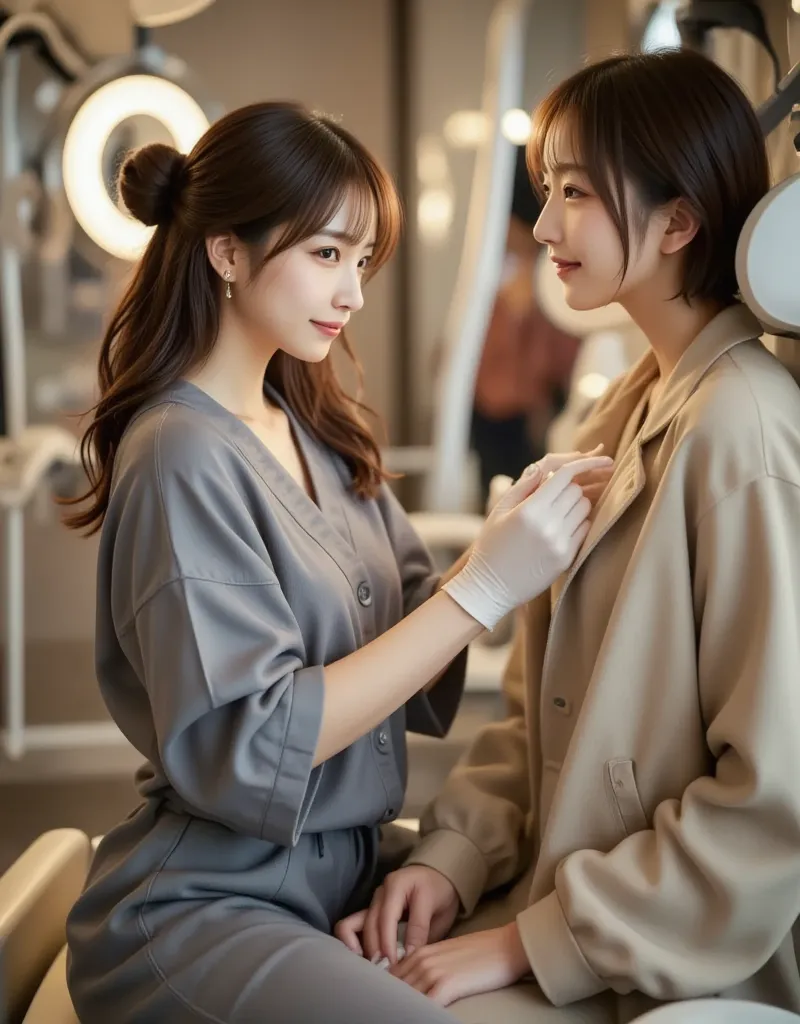 A luxurious beauty clinic run by Japanese nurses. A nurse wears gray scrubs, gloves and a face mask as she carefully examines a patient seated in a modern chair. The clinic features elegant lighting, high-end aesthetic medical equipment, and a professional...