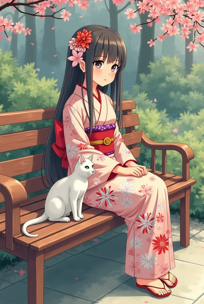 An anime girl in a kimono is sitting on a bench with her cat, Anime drawing inspired by Nishikawa Sukenobu, pixiv Contest Winner, ukiyo-e, anime style 4k, Japanese painting style, anime wallpaper 4k,  anime wallpaper 4k ,  anime images, Anime Art Wallpaper...