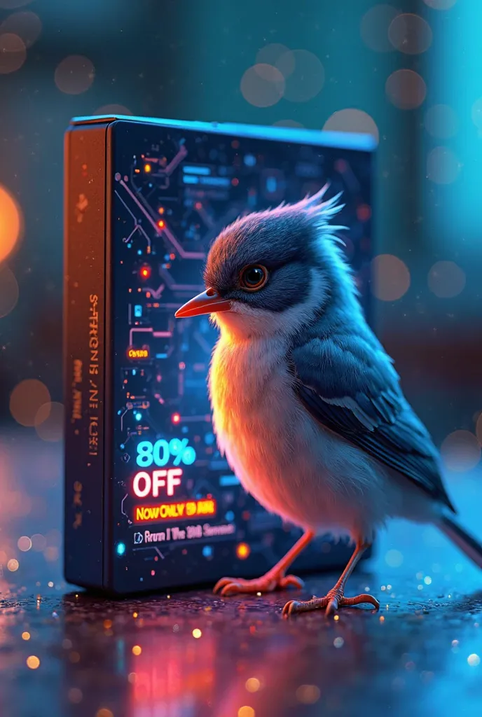 A mesmerizing close-up portrait of a gorgeous little bird illuminated by the soft, golden light of a tranquil morning, with vibrant bokeh balls gently framing its delicate form.A highly detailed, futuristic 3D-rendered digital box design for a Student AI C...