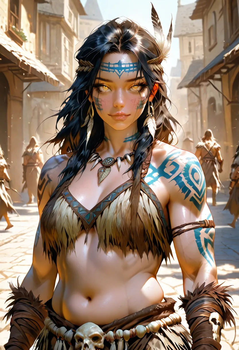 majestic and vivid cinematic photograph of a tribal warrior, a hybrid of a cat and a woman, realistic photograph with long black hair, brunette, ((Arnela Muti's facial features)), high quality,very good, realistic photograph, surrealism, Extremely detailed...