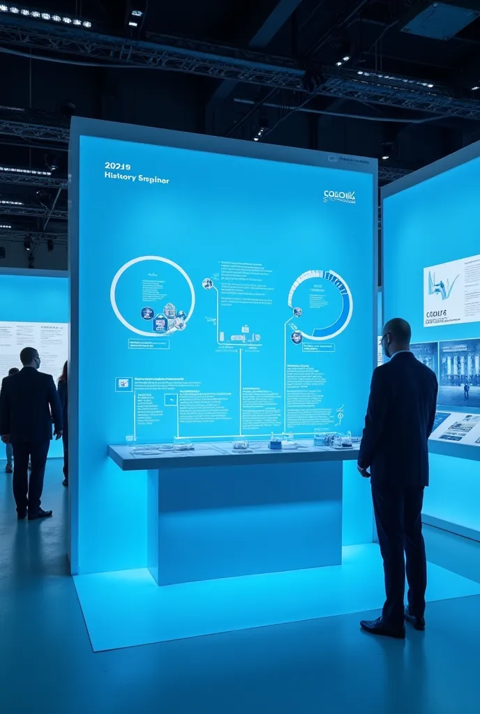 Information stand design about the company's history, the stand shows dates from the year of foundation to the present day, minimalism,  Predominance of blue , interesting solution, high quality, HD