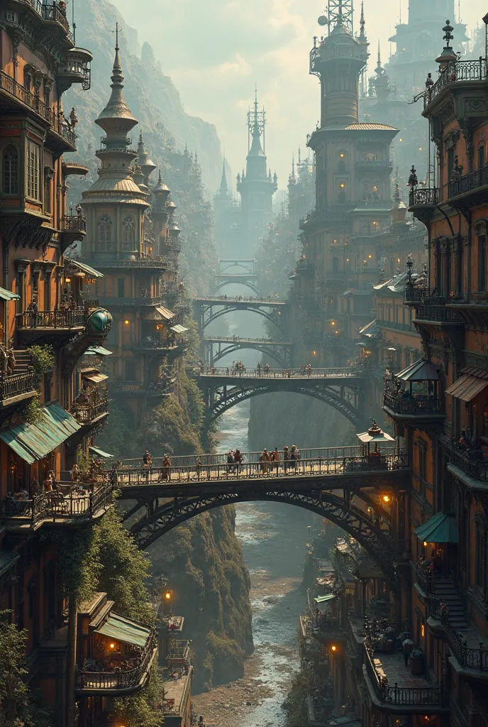 ((masterpiece)),((best quality)),((high detial)),((realistic,))
Industrial age city, deep canyons in the middle, architectural streets, bazaars, Bridges, rainy days, steampunk, European architecture