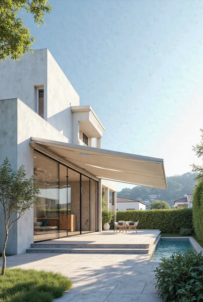 a rendering of a house with a patio and a glass enclosed patio, glass room, canopies, glass houses, awnings, outside enclosure, glass walls, outdoor design, japanese glass house, architectural visualisation, large glass ceilings, precise architectural rend...