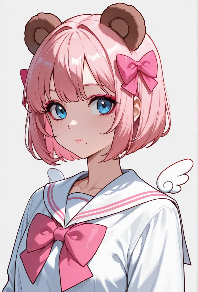  ski style, 1 girl who died, Alone, pink hair near MM, animal ears, blue eyes, Wings, viewers, mole, bungs, short hair, bow, sailor color, simple background, white sailor color, mole under mouth, hair bow, pink bow, closed mouth,  shirt, white  shirt, Bear...