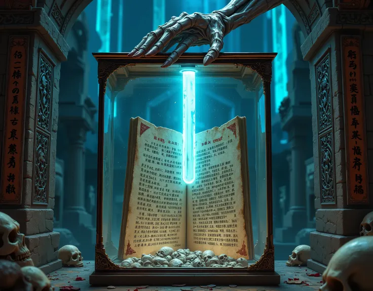 A Forbidden Book ，old的玻璃盒内的sealed的中国的线状古书，A huge skull hand on the outside of the glass case，sealed，贴old的封条，Bloodstained，high-hanging swords，Lots of dead skulls，Tomb内好多防盗的机关，一道巨大蓝色beam，old，Retro，Tomb，beam，image consists of countless tiny dots of light，, th...
