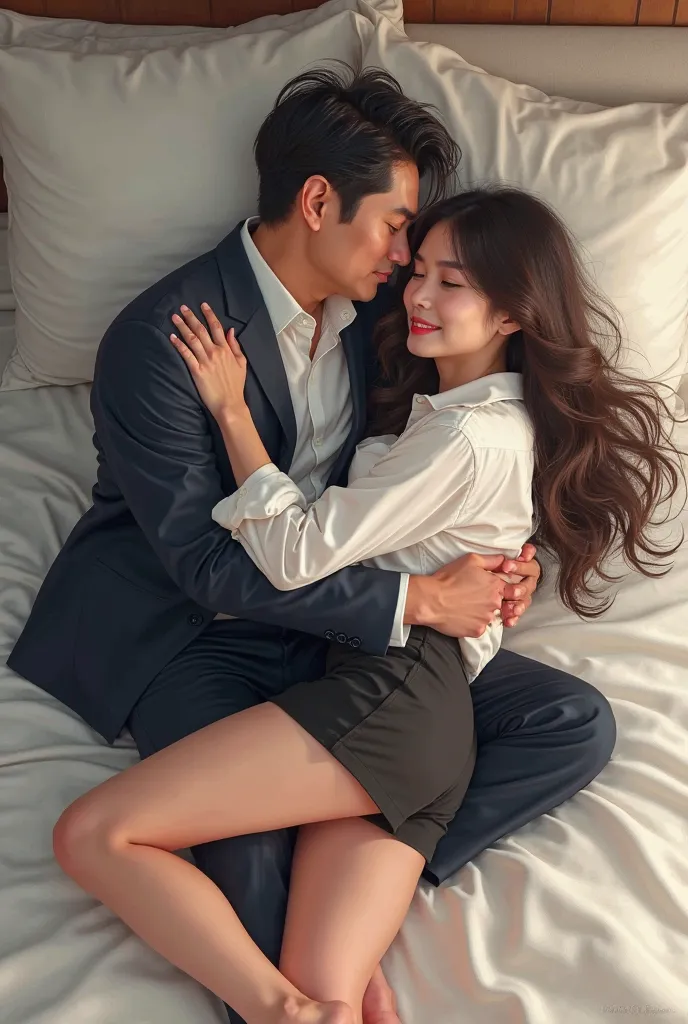 Sugar daddy Korean handsome guy 45 yrs old is hugging a Beautiful idol Korean woman 20 yrs old ware white shirt and too short black skirt on bed ,digital art ,novel
