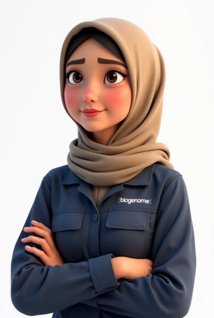 3d pixar animation, Hijab tan indonesian women, half body, little smile, Using khaki hijab, Using Blue navy working shirt, with "Biogenome" written on the chest, white background, HD picture