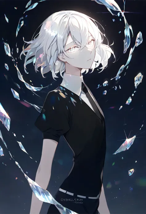 Beautiful, solo, medium hair, white hair, silver eyes, white shirt, black suit, short sleeves, houseki no kuni, gem, crystals