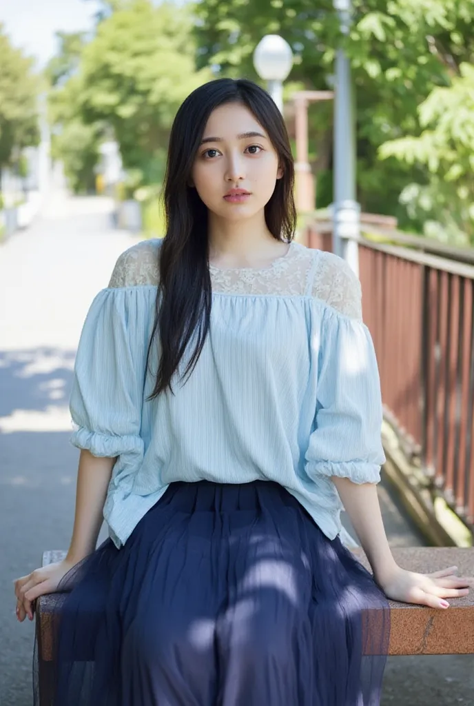 One Woman、Full body composition showing up to the waist、content、Off-the-Shoulder Volumetric Sleeve Floral Embroidered Pastel Blue Button Shirt、Navy Blue Pleated Sheer Long Skirt、Sitting on a bench at the park during the day、 she looks at me and smiles、

