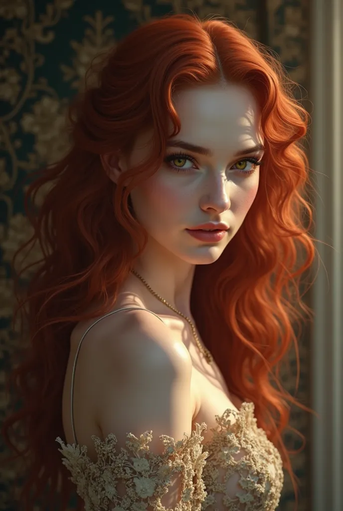 edythe cullen from the life and death book, beautiful youthful vampire face, pale skin, golden eyes, wavy redhead hair, elegant posture, graceful movements, photorealistic, 8K, highly detailed, digital painting, fantasy, dramatic lighting, cinematic, vivid...