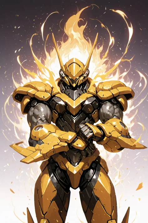 solo, silhouette, shadow of Female Mecha Suit, Feminine character, In A Yellow Mech, wallpaper quality, on a loading screen, fighting stance, solo, aura, waist up, ((Chest up)), (Female Body, Mechanical Appearance, wires for Hair), sinister stare, neon lig...