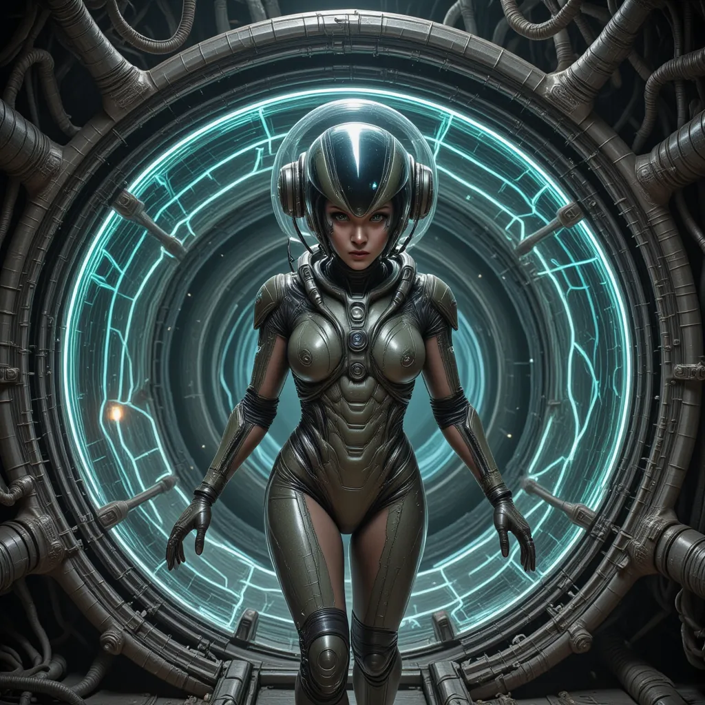 Photorealistic image, intense dramatic lighting, moody style. A woman in a mechanical suit with a helmet and with glass parts containing iridescent liquids exposing the bare skin of her limbs, face, and torso inside the suit. She is stepping out of an inte...