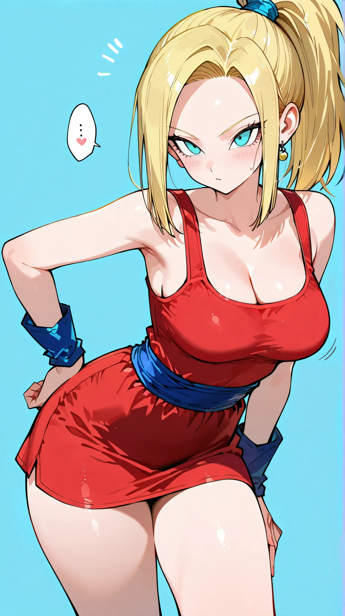 female Saiyan, 1girl ,Alone,. red clothes、collarbone、Skirt。ponytail。
Straight hair,Long hair ,blonde hair, .  Beautiful thighs.