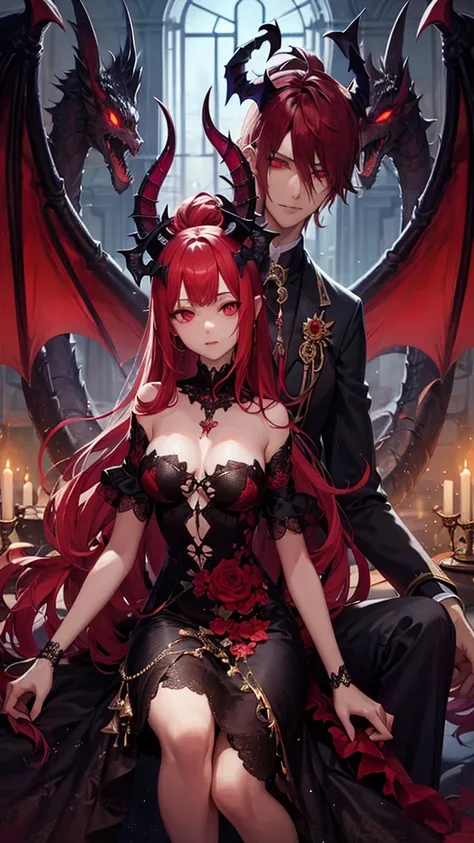 زوجان أنيمي بشعر أحمر وقرون وقشور red dragon يجلسان على السرير, A beautiful demon queen with medium breasts and an elegant, red dragon |  Medival,  a devil anime girl , حرشف red dragon, pattern, with glowing red eyes,, Fantasy anime, anime vampires, Fantas...