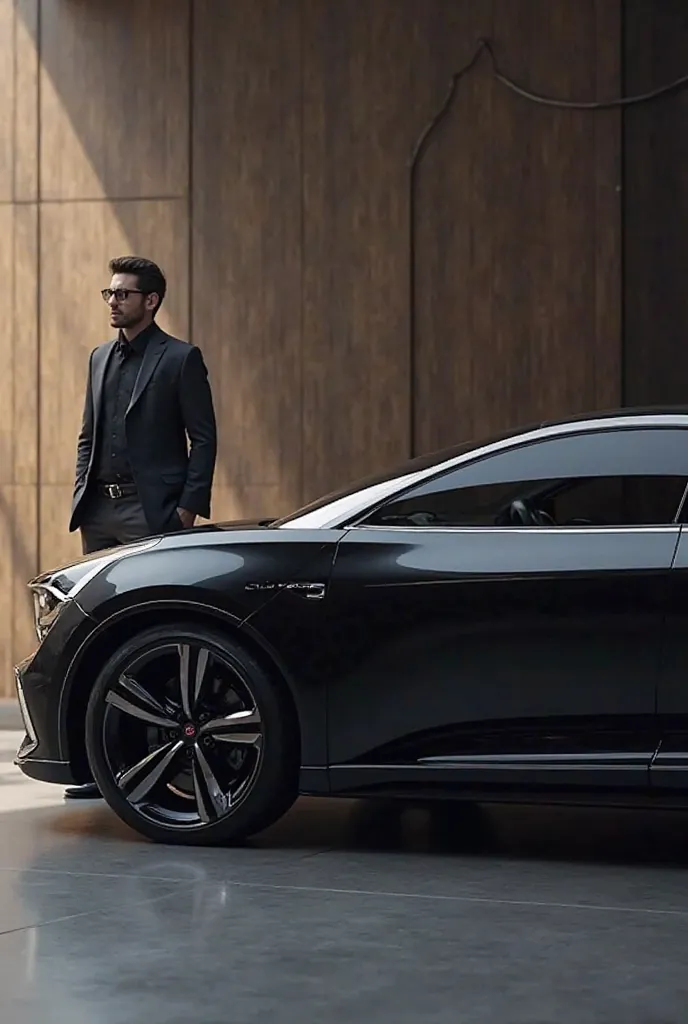 Tata Curvv SUV Coupe 2025  a gentleman holds the car in show room black colour 