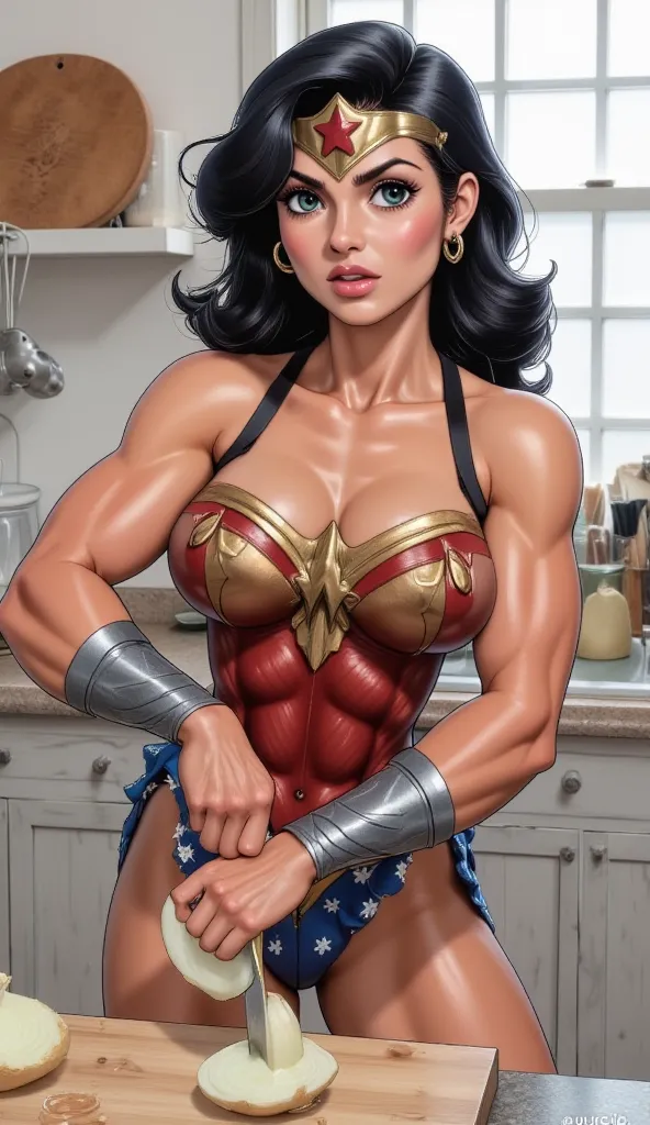 A highly detailed digital painting of Wonder Woman in a modern kitchen with a marble countertop. She confidently slices an onion with her indestructible bracelets, creating perfectly even slices mid-air. Her face shows pride, but subtle tears start forming...