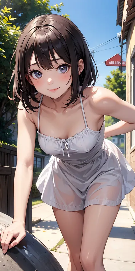 cute very young flat chested girl, in cute summer dress. She's leaning forward towards you and smiling because she knows she's teasing you