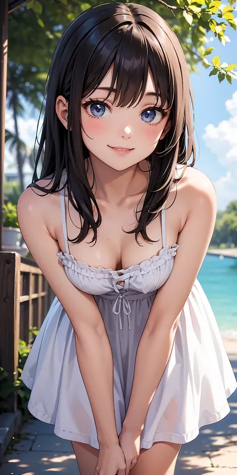 cute very young flat chested girl, in cute summer dress. She's leaning forward towards you and smiling because she knows she's teasing you