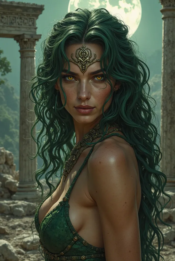 Name: medusa, Gender: female, age 25, race: deity, appearance: sexy, hot, irresistible. Long, wavy dark green hair resembling snakes, piercing golden eyes, light olive skin, hourglass curvy body, barely dressed, exuding a seductive yet dangerous aura. Her ...