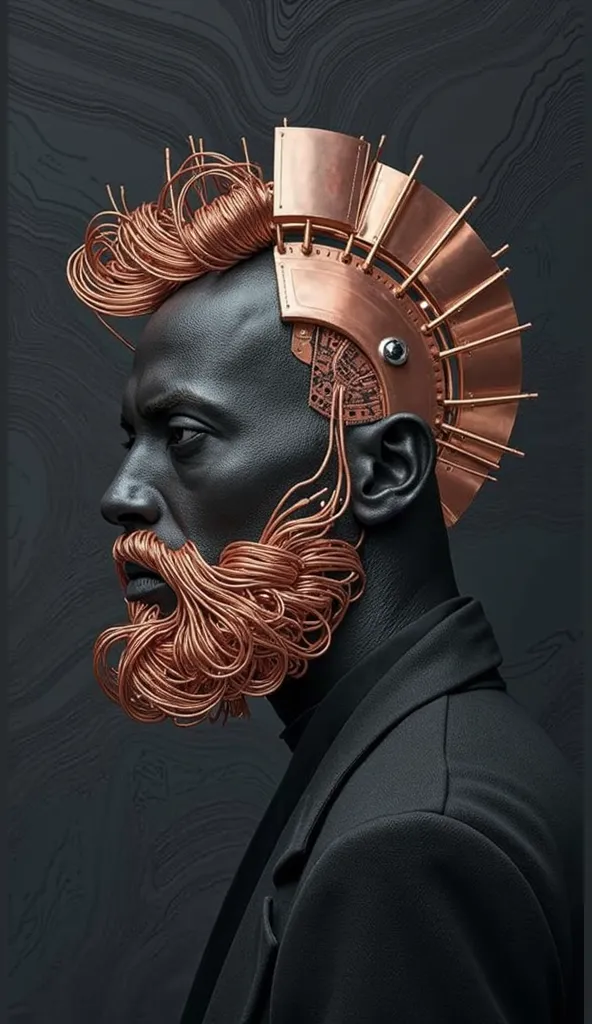 A futuristic cyberpunk warrior with dark metallic skin, wearing an intricate copper-wired beard and a mohawk-like headpiece made of metal plates and circuits. The design blends steampunk and sci-fi aesthetics, with a sleek black suit contrasting against th...