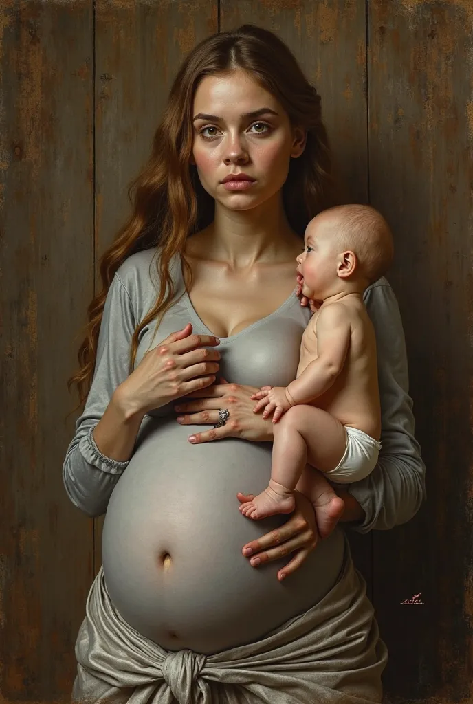 (photorealism:1.2), This image showcases a surrealist-style painting featuring Jessica Alba cradling a baby in her arms. The smaller subjects are depicted in an early Renaissance fashion, while the aged, wooden background and curling patterns on the body o...