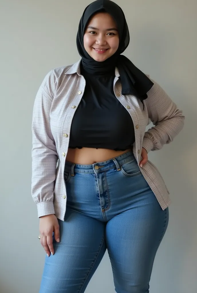 (Realistic, High Definition), Close up, Full body photo wearing black hijab, big breasts, wearing unbuttoned light checkered shirt and Nudes, blue tight skinny jeans, wearing VANS Old Skool sneakers, standing against the wall, seductive smile looking at vi...