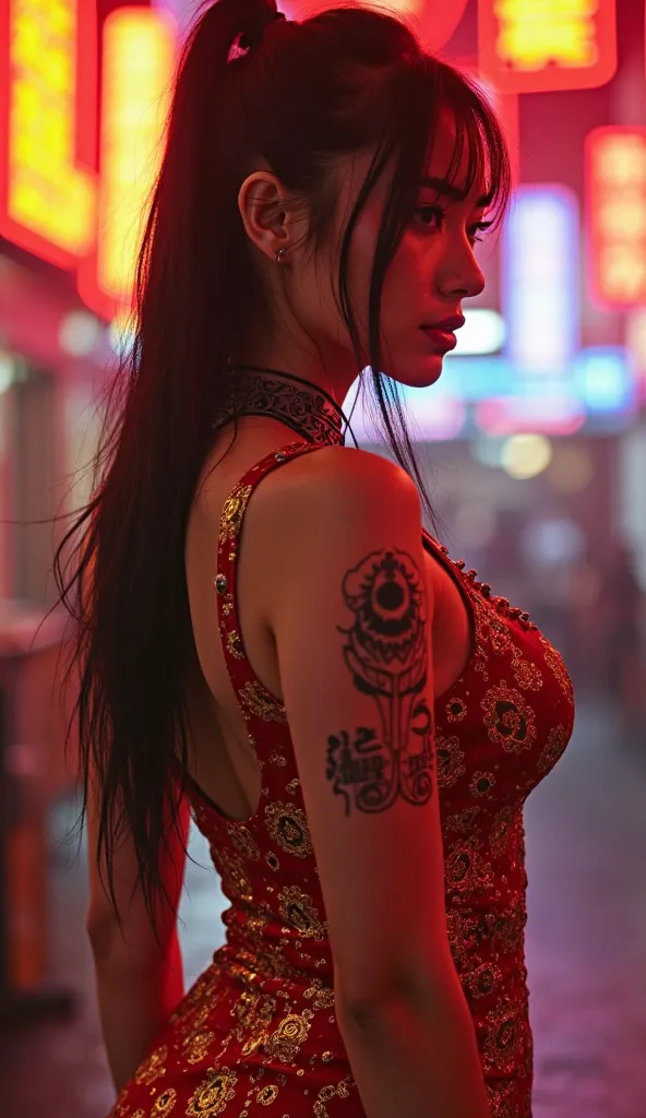 A seductive Chinese woman in cyberpunk style, wearing a red dress with golden patterns, cybernetic implants on her arms, with bright neon signs in the background. She is slightly turned, looking mysteriously to the side.