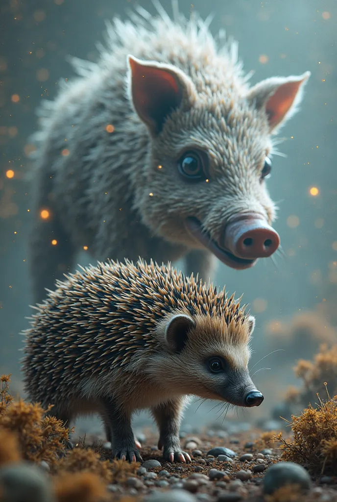 A realistic hedgehog, with detailed thorns and fur soft on her face and belly, Hunting a quantum boar