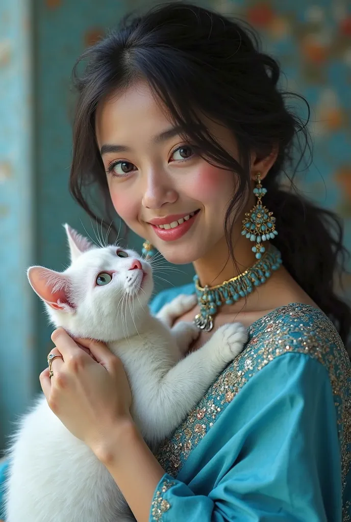 A photo of a beautiful  Russian girl named Ashi with white skin and black hair. She is wearing a blue Indian sari and playing with white color cute cat