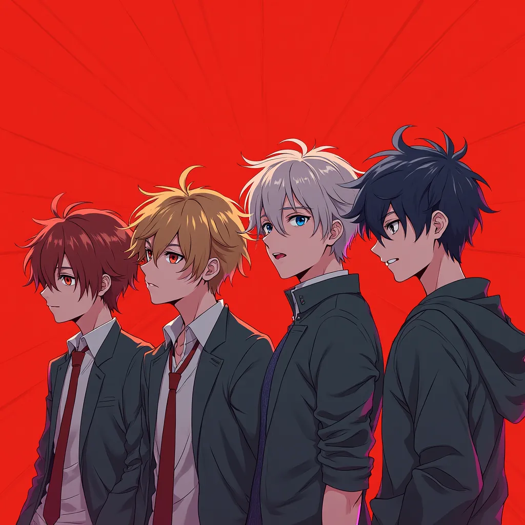 four anime boys, red bg