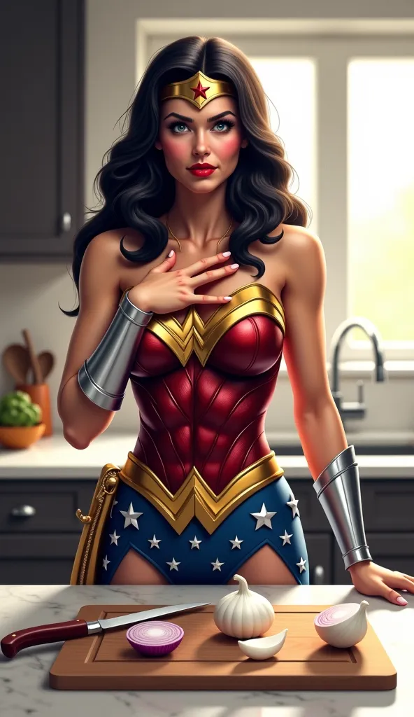 A highly detailed digital painting of Wonder Woman standing in the same modern kitchen, now blinking rapidly as her eyes start watering from the onions. She dramatically places a hand on her chest, pretending to be struck by an invisible force. The backgro...