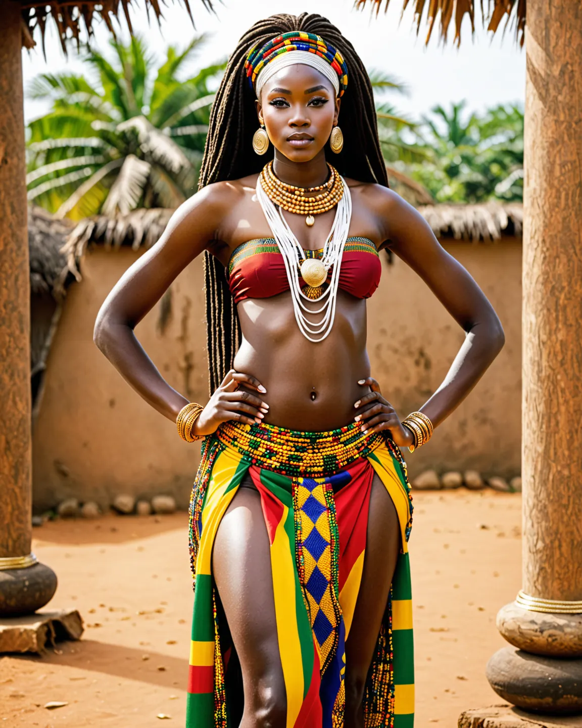 A full-body image of an African princess from Ghana, young and incredibly beautiful. She has an athletic, tall physique with full hips and medium-sized breasts. Her skin is a deep brown, and her face radiates pride and grace. Her long hair is braided and a...