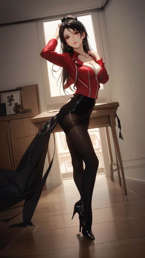 there is a woman in a red jacket and black tights posing, tight attire, rin tohsaka, wearing black tight clothing, wearing tight suit, tight outfit, tifa lockhart, sexy pose, elegant pose, sexy dominant pose, on a desk, attractive pose, elegant confident p...