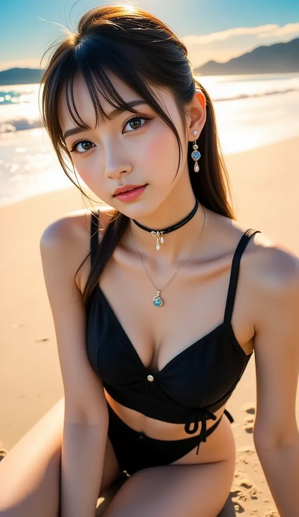 real image like the photo、８ｋ、Dazzling Seaside of the Rising Sun、 cross lace clothes 、long legs、Thin ankles、 full body image、background、 Suspended Eyes、A woman with an innocent expression that leaves the vibe of a girl、 Hair、straight hair、blue eyeshadow、Che...