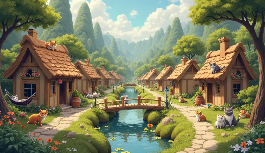 

Prompt:
"A peaceful cat village in a lush, green valley surrounded by tall trees and colorful flowers. Small wooden houses with tiny doors and windows designed for cats. Some cats are lounging on rooftops, others are playing near a small fountain in the ...