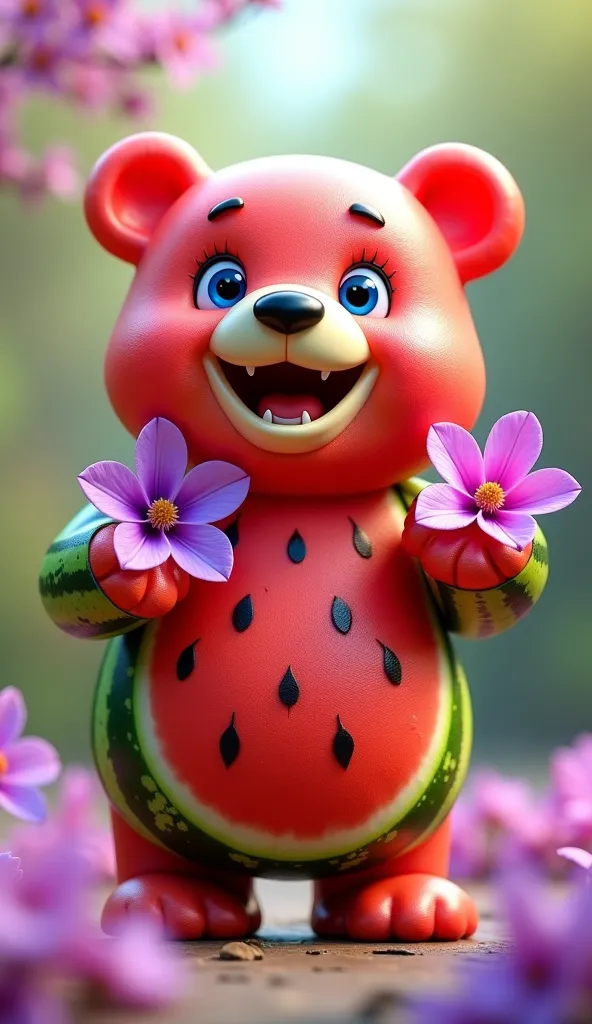 This is an animated bear, . Made in the form of a sweet and sweet watermelon. His body and paws are made of watermelon, and his eyes are blue. This creature's smile expresses joy, , and purple watermelon fields flaunt on his hands, resembling lilac and orc...