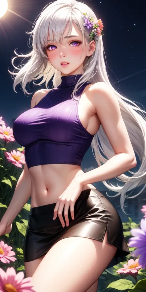 realistic, 1girl, white hair, purple eyes, glowing eyes, crop top, skirt, parted lips, blush, night, flowers, sun, sunlight,