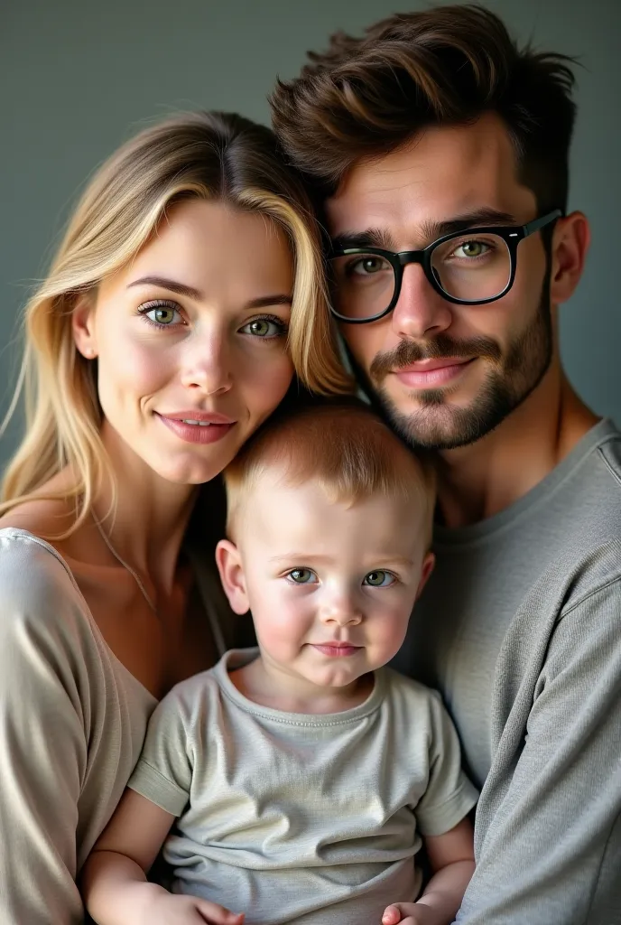 
1.80 tall white-skinned girl with blonde green eyes and 1.83-year-old brown-eyed man with brown glasses and one baby boy