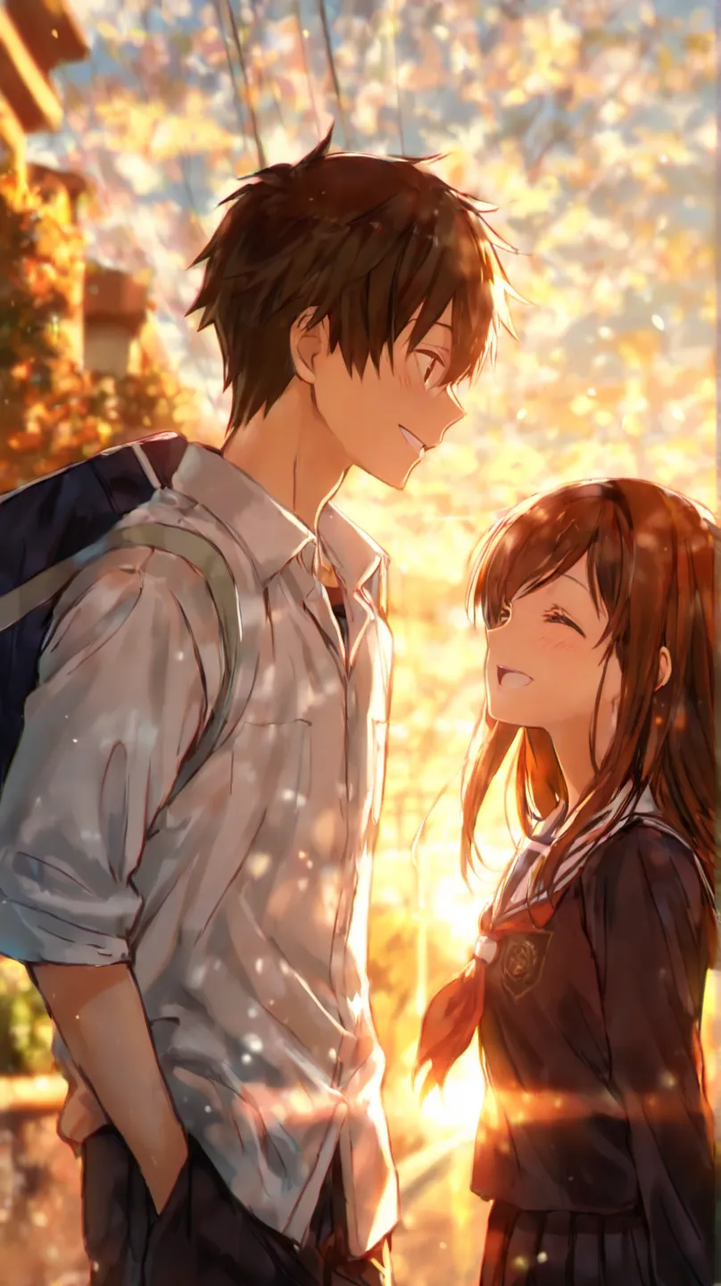 "Two high school students, a boy and a girl, walking side by side in the morning sunlight, smiling at each other, warm and nostalgic, soft spring breeze, cinematic style."

