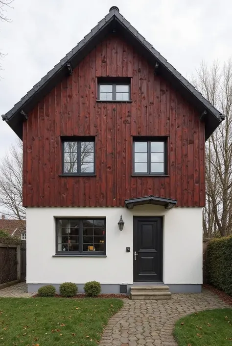 Single-family house two floors with gable roof. the upper floor is covered with dark red wood paneling, The ground floor is plastered and painted white. anthracite colors windows and anthracite colored roof tiles.