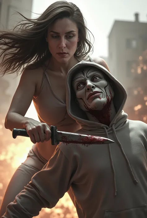 Realistic, A Very beautiful woman, woman very thick hair, boy hoodie, woman kill boy, woman very big breast, woman slaughters boy neck like a lamb, boy neck is flowing with blood, woman knife, boy dead, boy full face mask