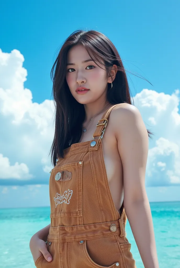 The scene features a young Asian woman with striking long brown hair that cascades down past her shoulders, creating a flowing effect reminiscent of water. She is depicted wearing nothing but a denim overalls, which are a radiant brown adorned with lighter...