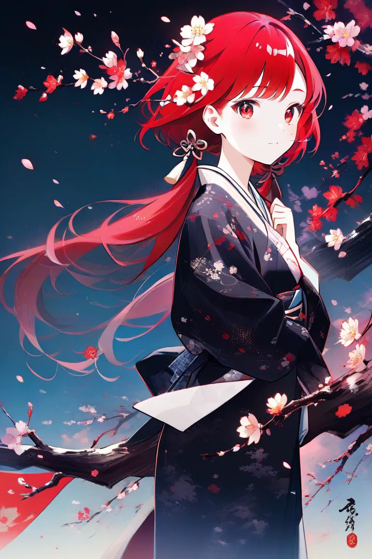  Masterpiece、Ink painting、Standing under a plum tree、古い質感の Ink painting、(Saturation:-1.5)、The girl has red hair in twin tails、Red Eyes、 beautiful white skin from the side of the head、A girl wearing a beautiful black kimono、The kimono has a beautiful patter...