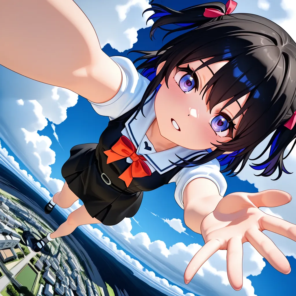 3D perspective，Top view：1.5, beautiful anime girl"Flillian"- Head up - Reach out， alone，reaching for help，White clouds under your feet， fisheye perspective, Top view, 